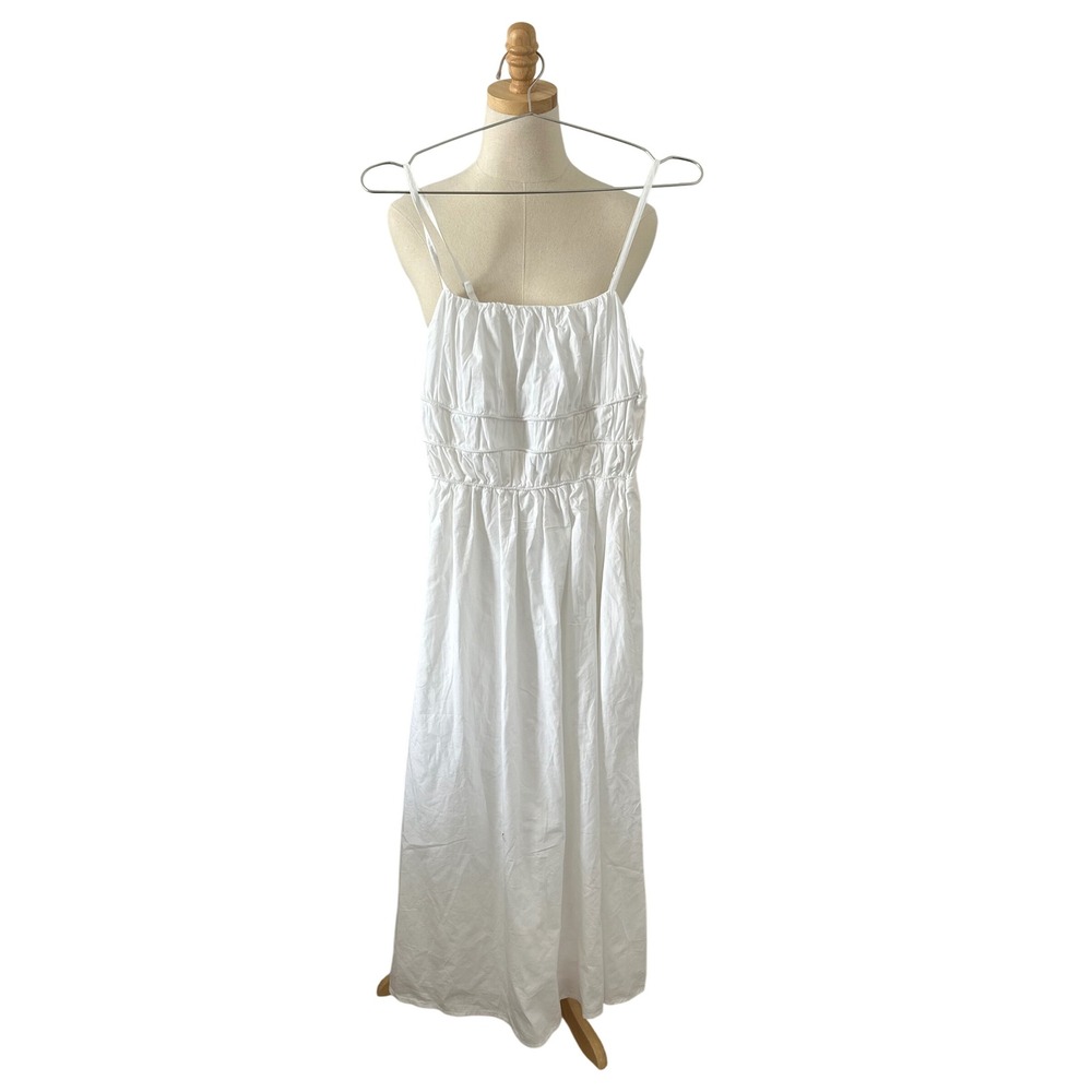 White Smocked Cotton Maxi Dress Adjustable Spaghetti Straps Boho Summer Sundress